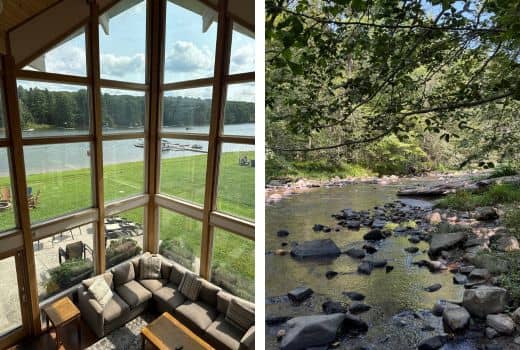 Left image: View of lake and trees from inside house looking through floor to ceilng windows.  Right image: View of river with trees on either side. 