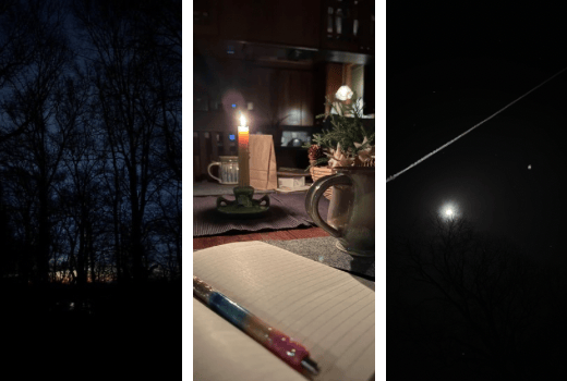 Three photos. Sunrise behind trees, journal open with pen on table with lit candle, full moon with vapor trail in night sky. 