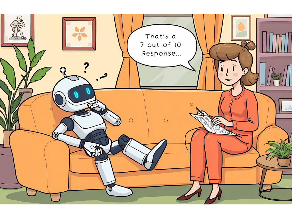 A robot sits in a therapists office, and she critiques its response