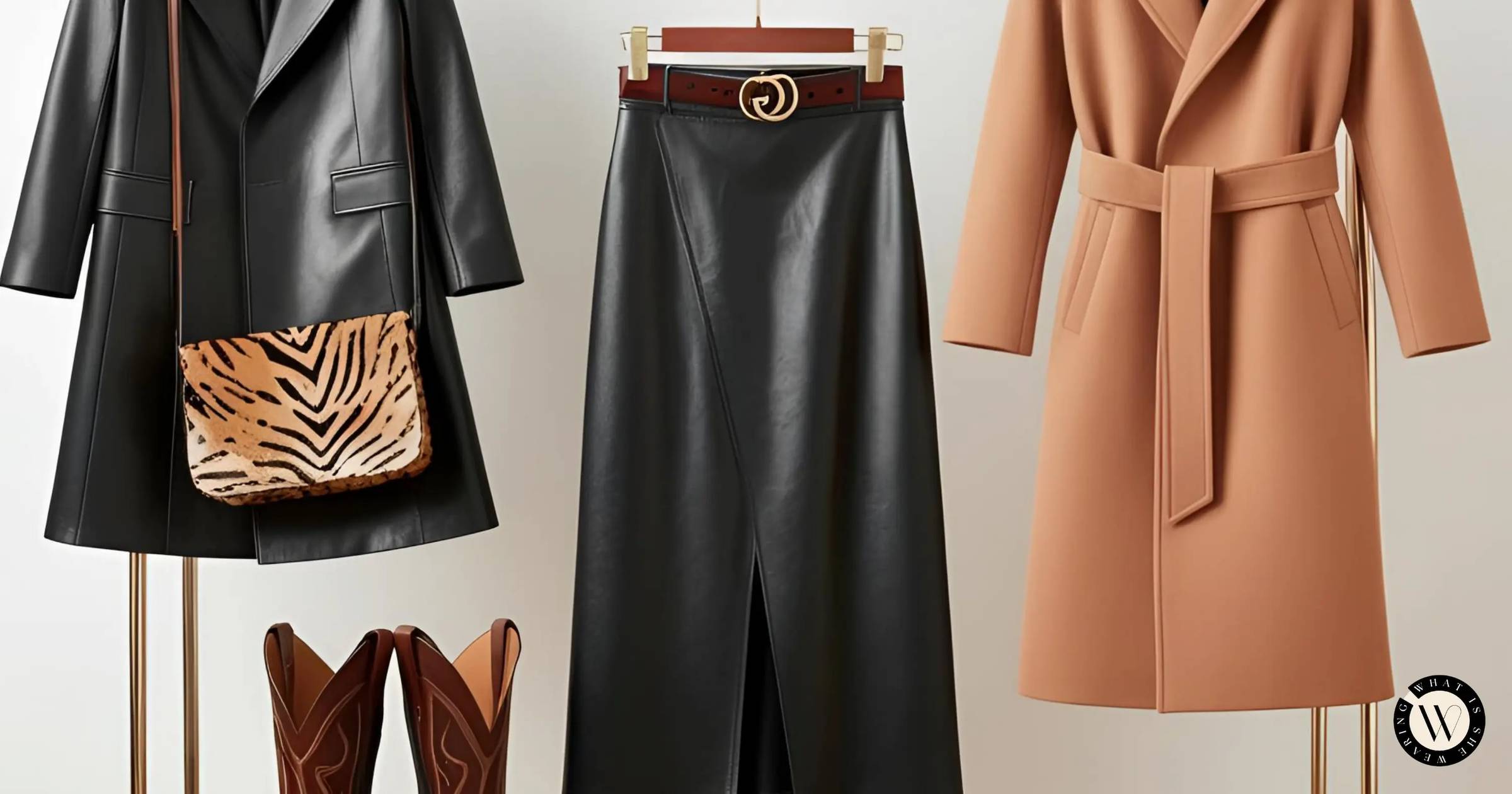 Laura’s wardrobe timeless essentials on a rack: statement coat, black leather skirt, signature belt, animal print bag, cowboy boots.