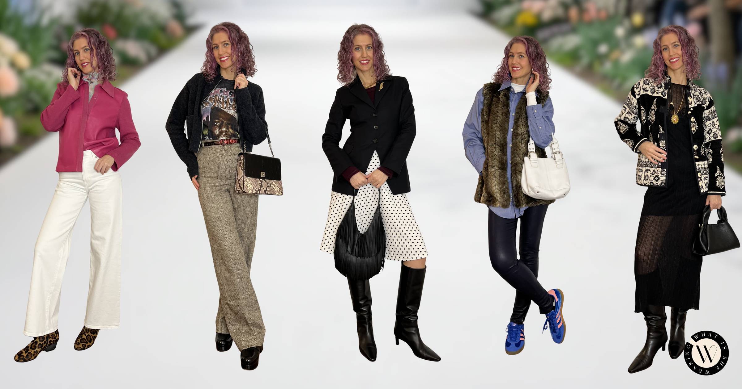 A stylish woman in five different early spring outfits against a spring fashion runway.