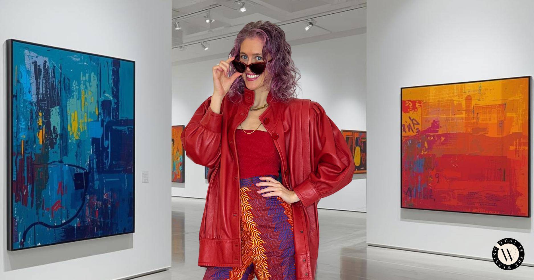 A woman with maximalist style in a bold red monochrome outfit in an art gallery.