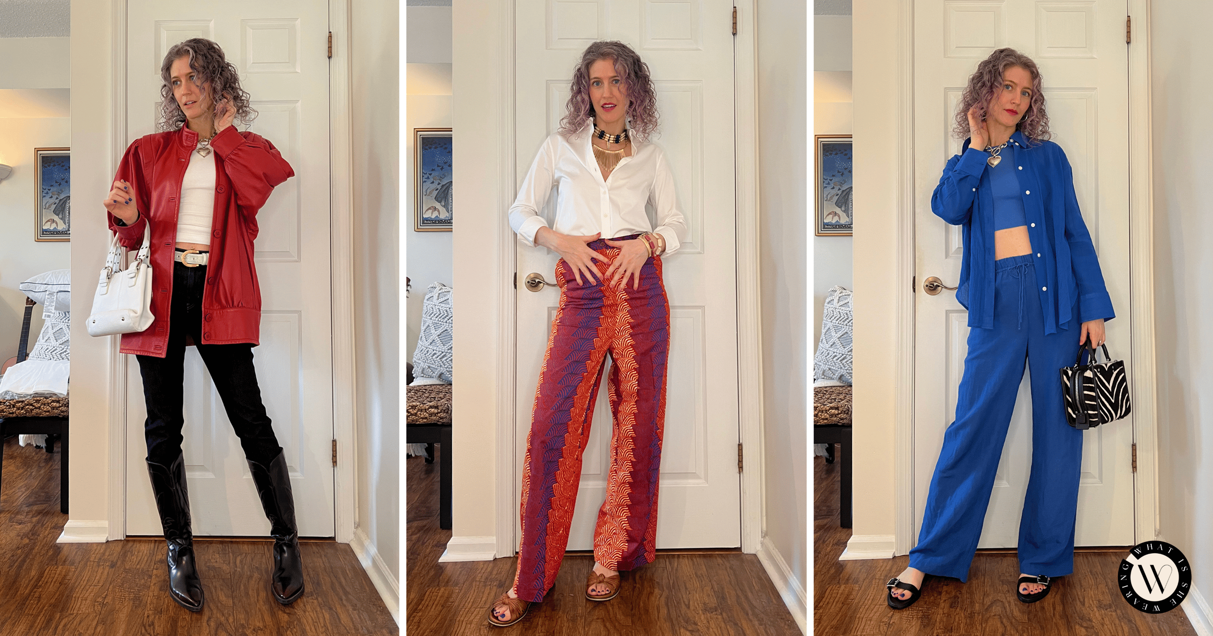 Woman styling three easy outfit formulas from her wardrobe.
