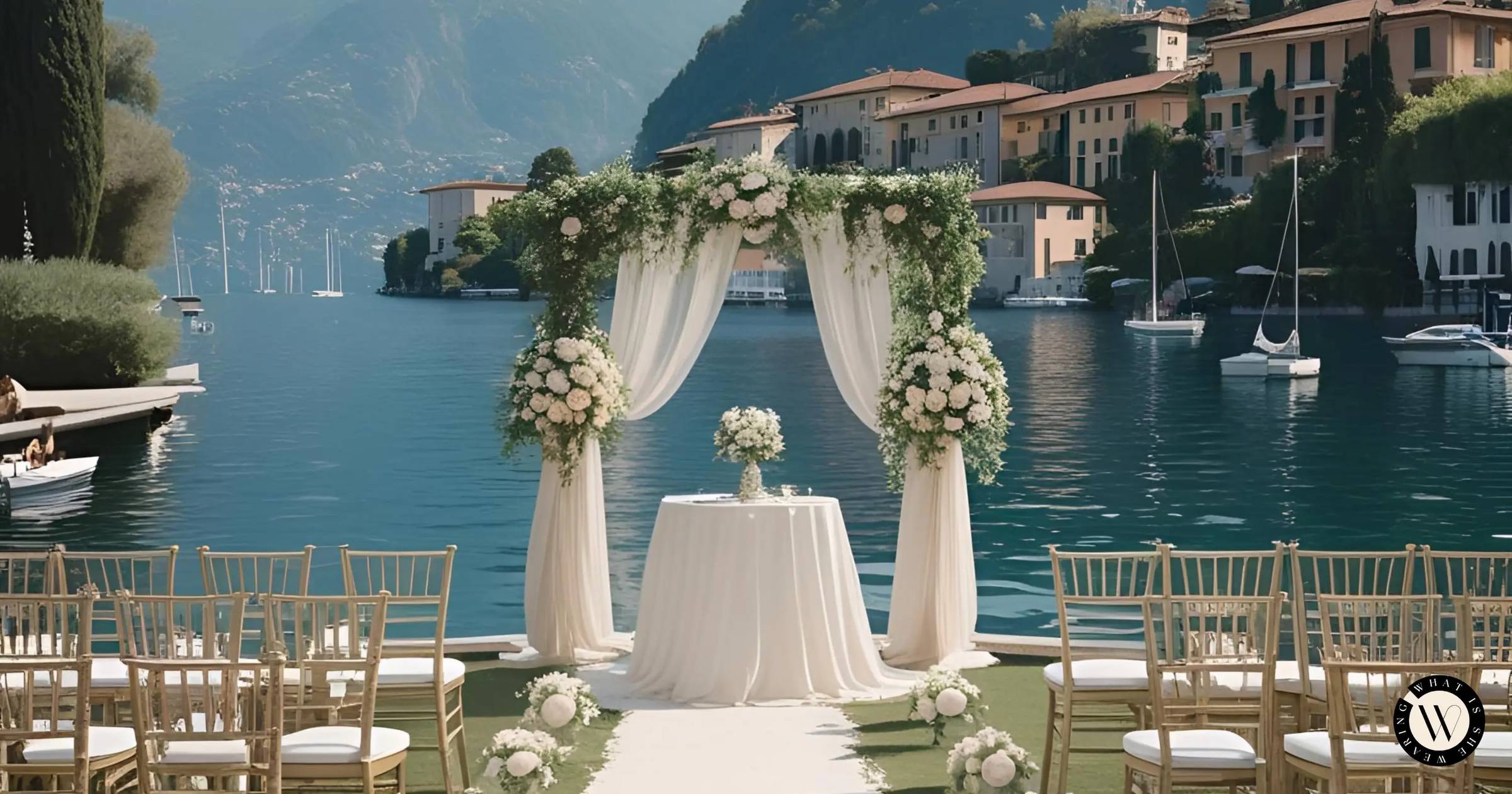 Chic summer wedding guest dresses at a lakeside wedding ceremony.