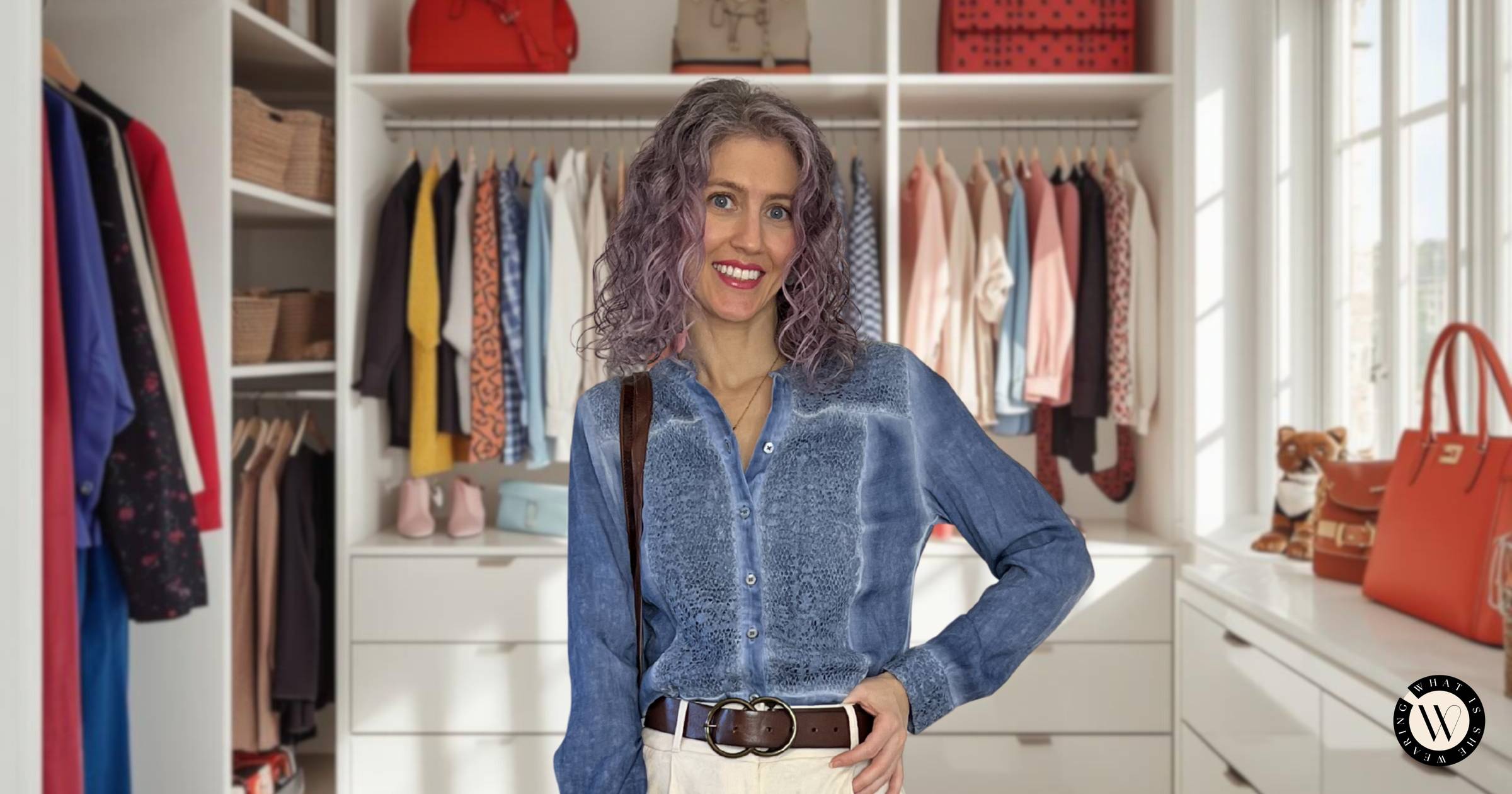 A stylish woman in a wardrobe planning a chic, everyday outfit with one of her favorite casual outfit formulas.