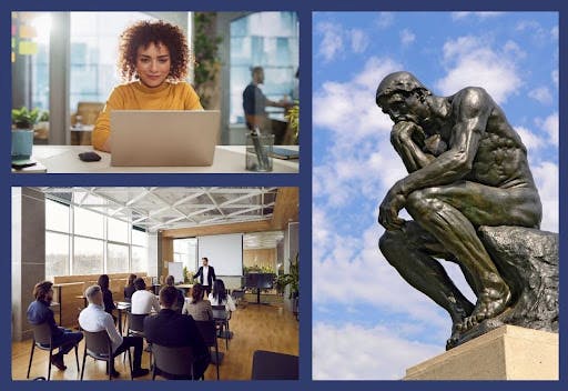 A layout of three images that depicts traditional ideas of what thinking, learning, and working looks like.