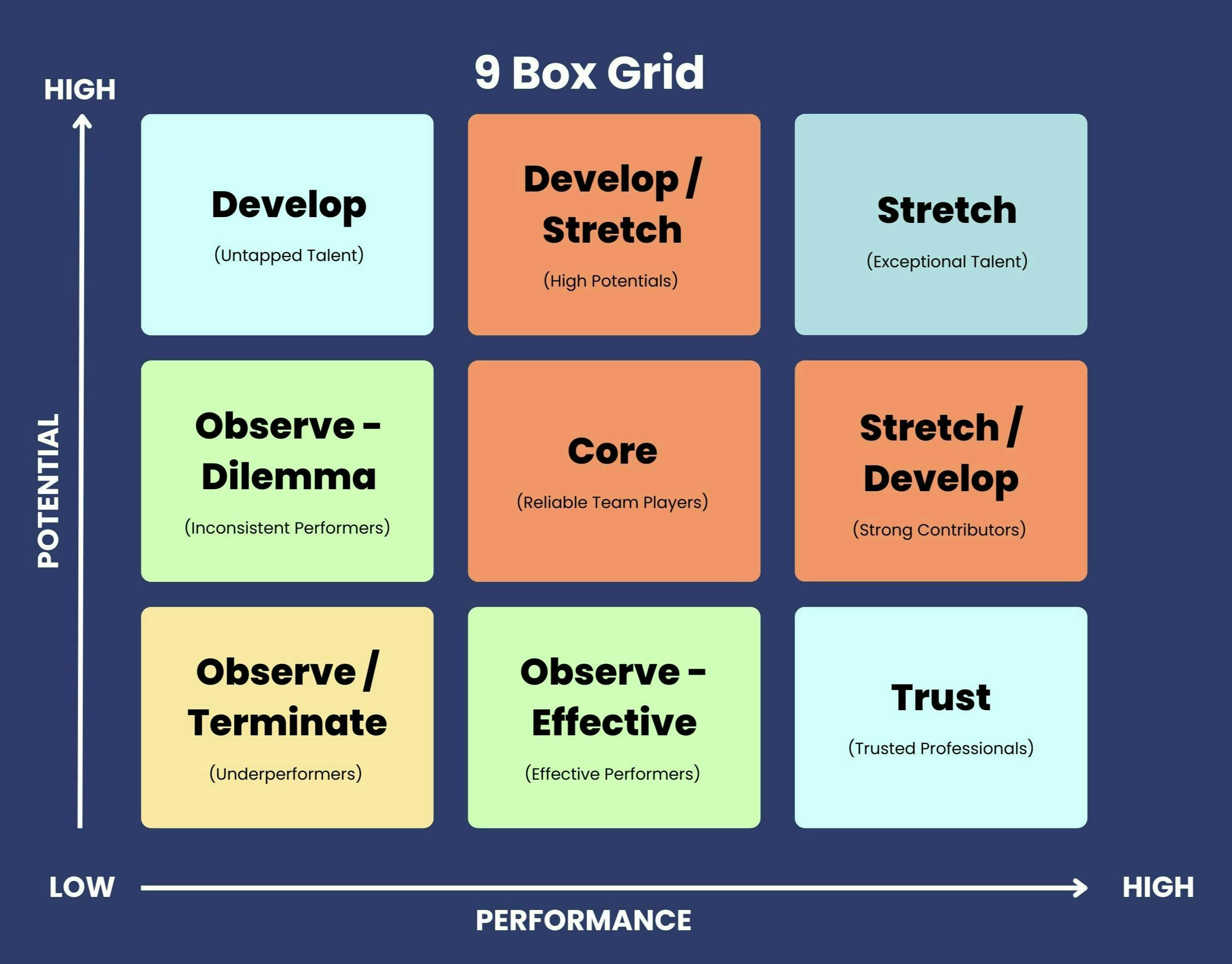 A representation of a 9 box grid for evaluating performance.