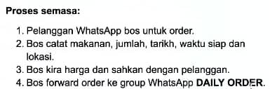 Langkah SOP asal: pelanggan order melalui WhatsApp, bos catat butiran, kira dan sahkan harga, kemudian forward ke group WhatsApp DAILY ORDER