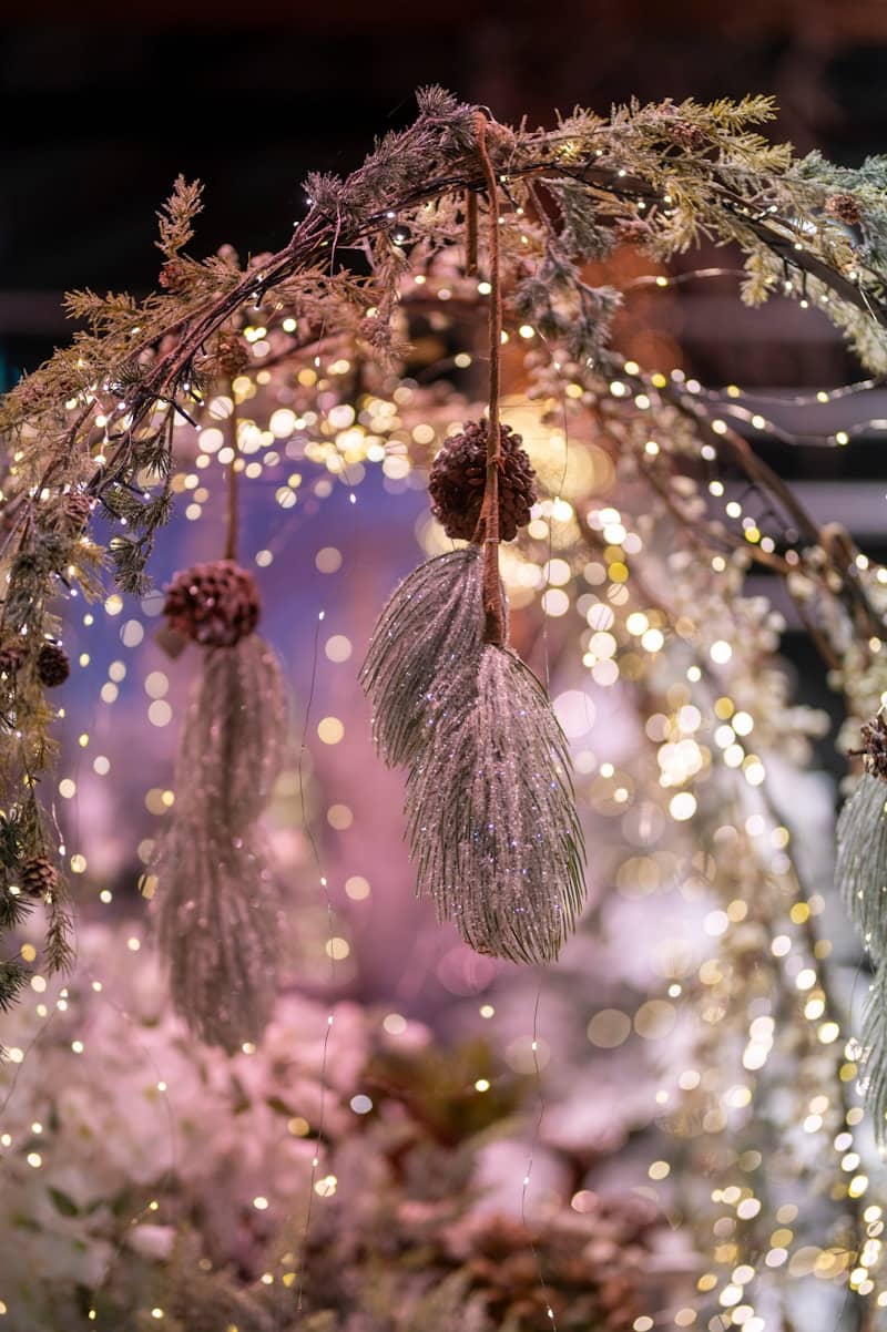 Christmas decorations with fairy lights and pinecones
