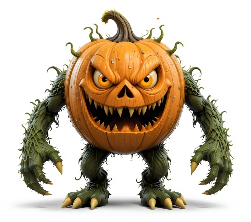 A scary pumpkin monster with green arms and legs.