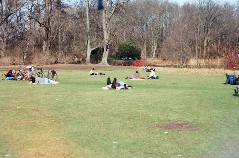 People relaxing on a grassy field in a park.