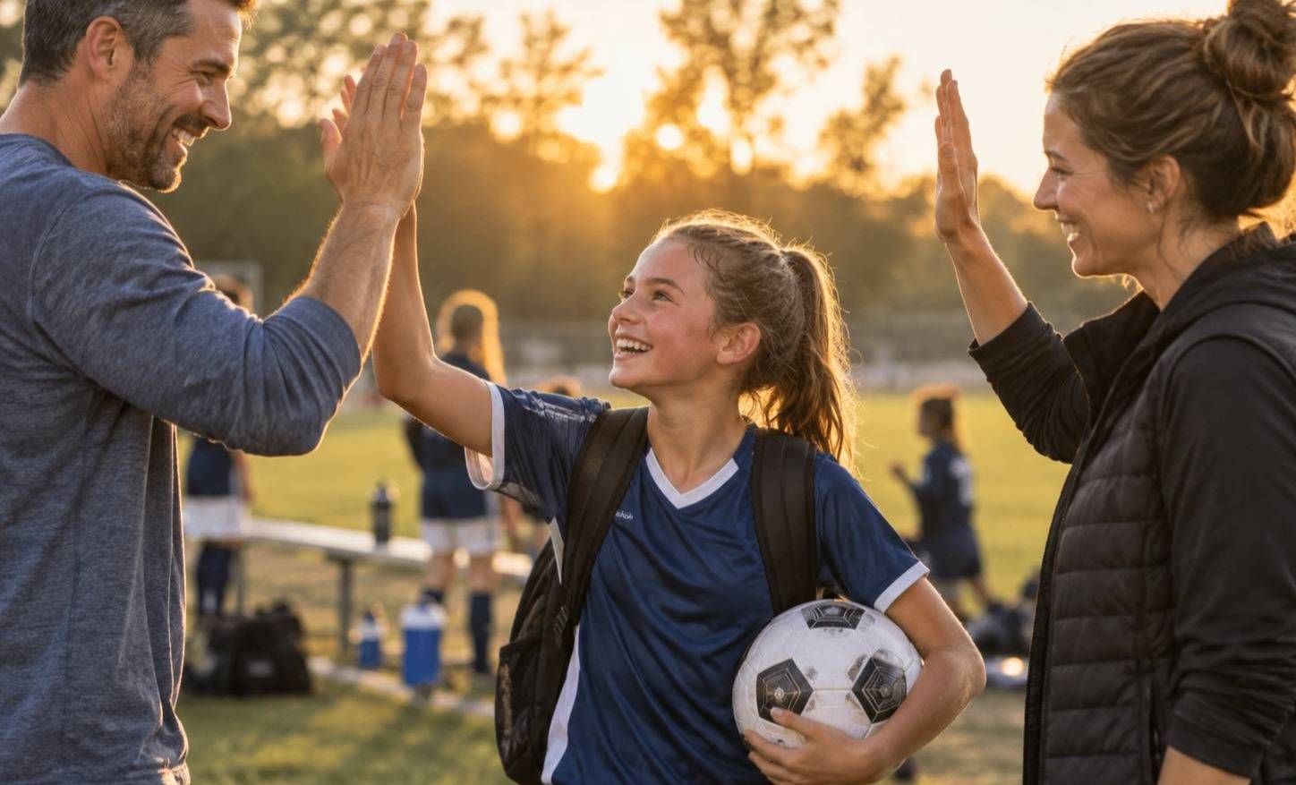 Sports parents supporting young athlete with high fives