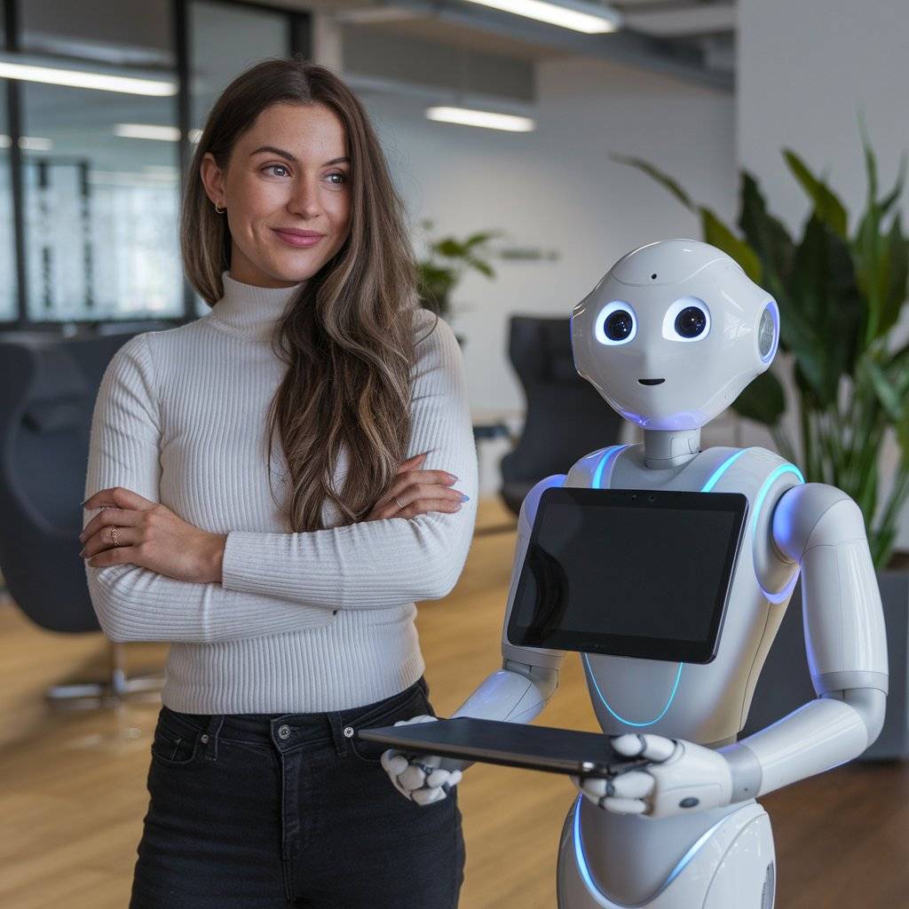 Woman standing with crossed arms next to a white robot holding a laptop.
