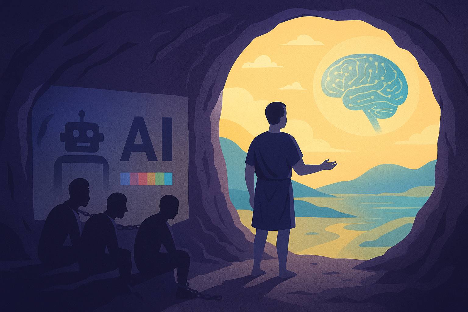 Plato’s cave reimagined with an AI twist: Shadows on the wall as "AI outputs" vs. reality outside the cave.