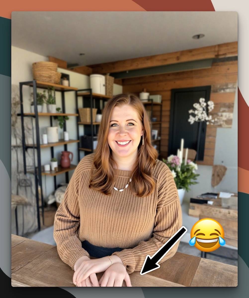 freaky AI image of Katelyn with 3rd hand