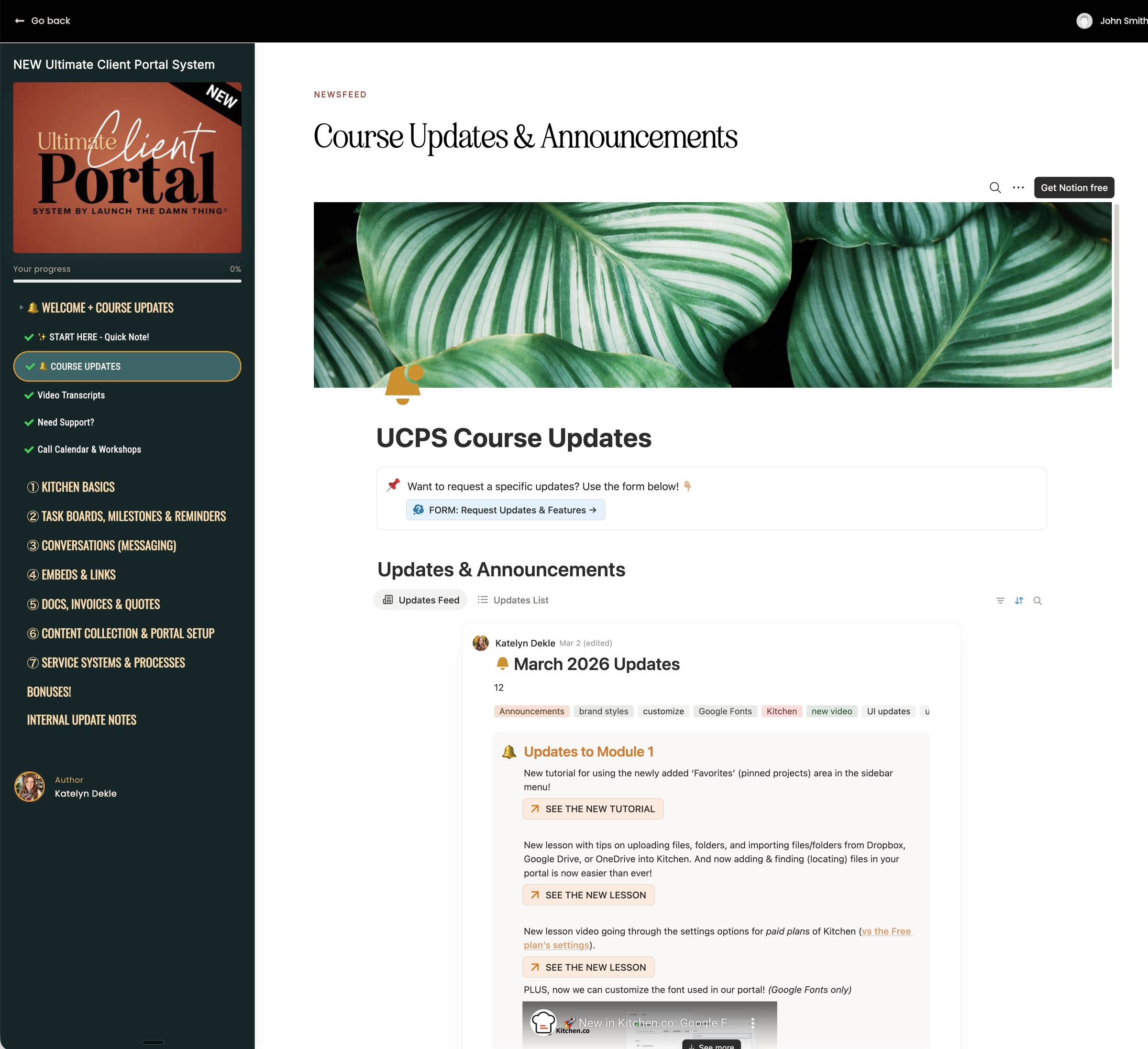 screenshot of the course updates lesson inside the course