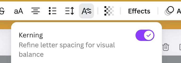 screenshot of Canva's kern setting