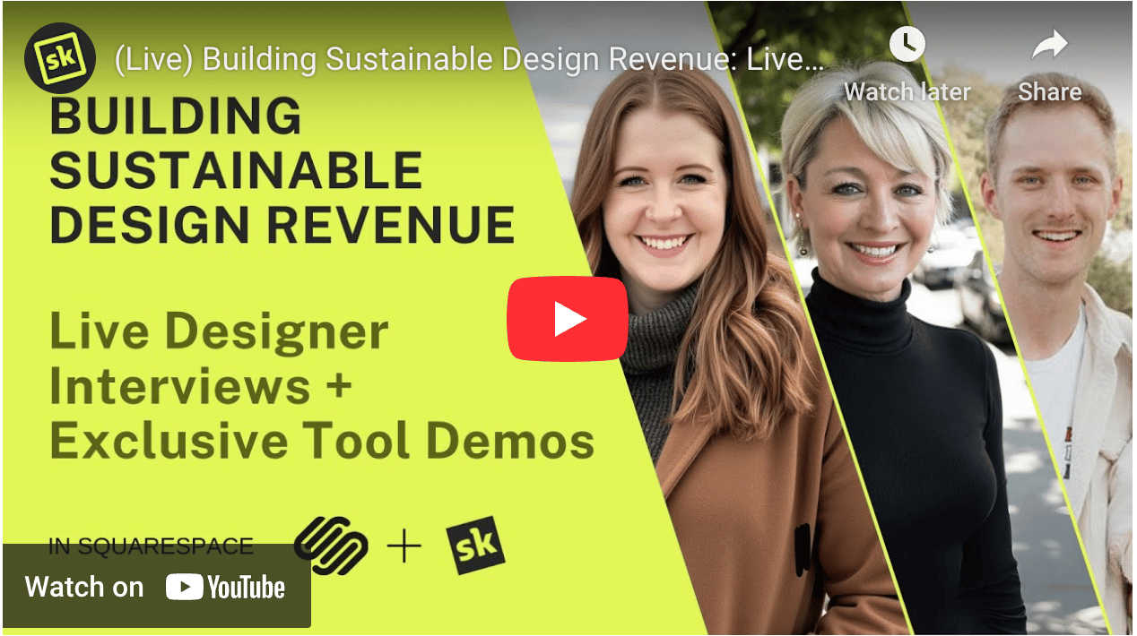 YouTube thumbnail: Building Sustainable Design Revenue with 3 live designers + exclusive tool demos