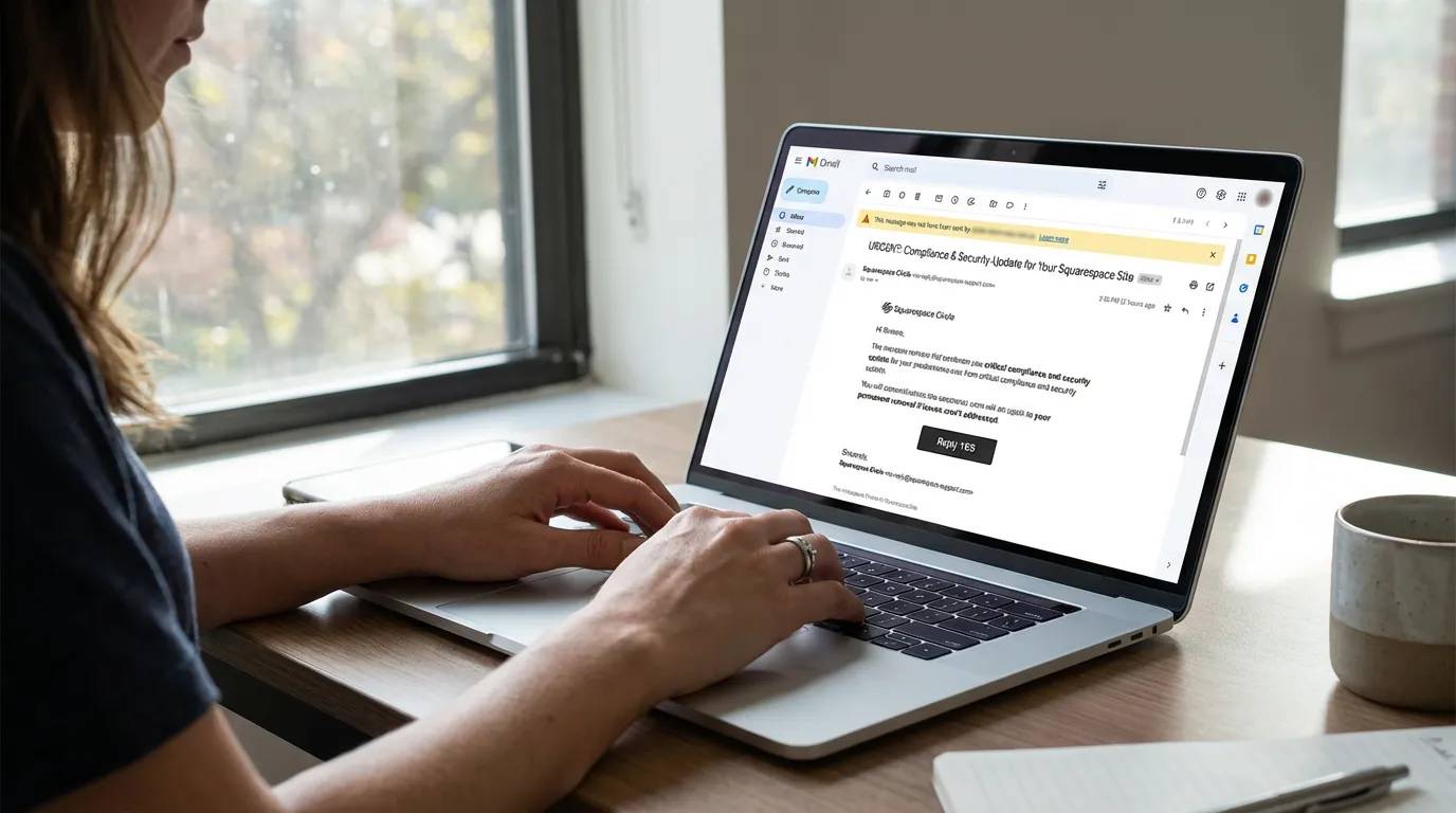 AI-generated image of a woman with both hands on laptop keyboard, checking her email with an alert at the top of the message