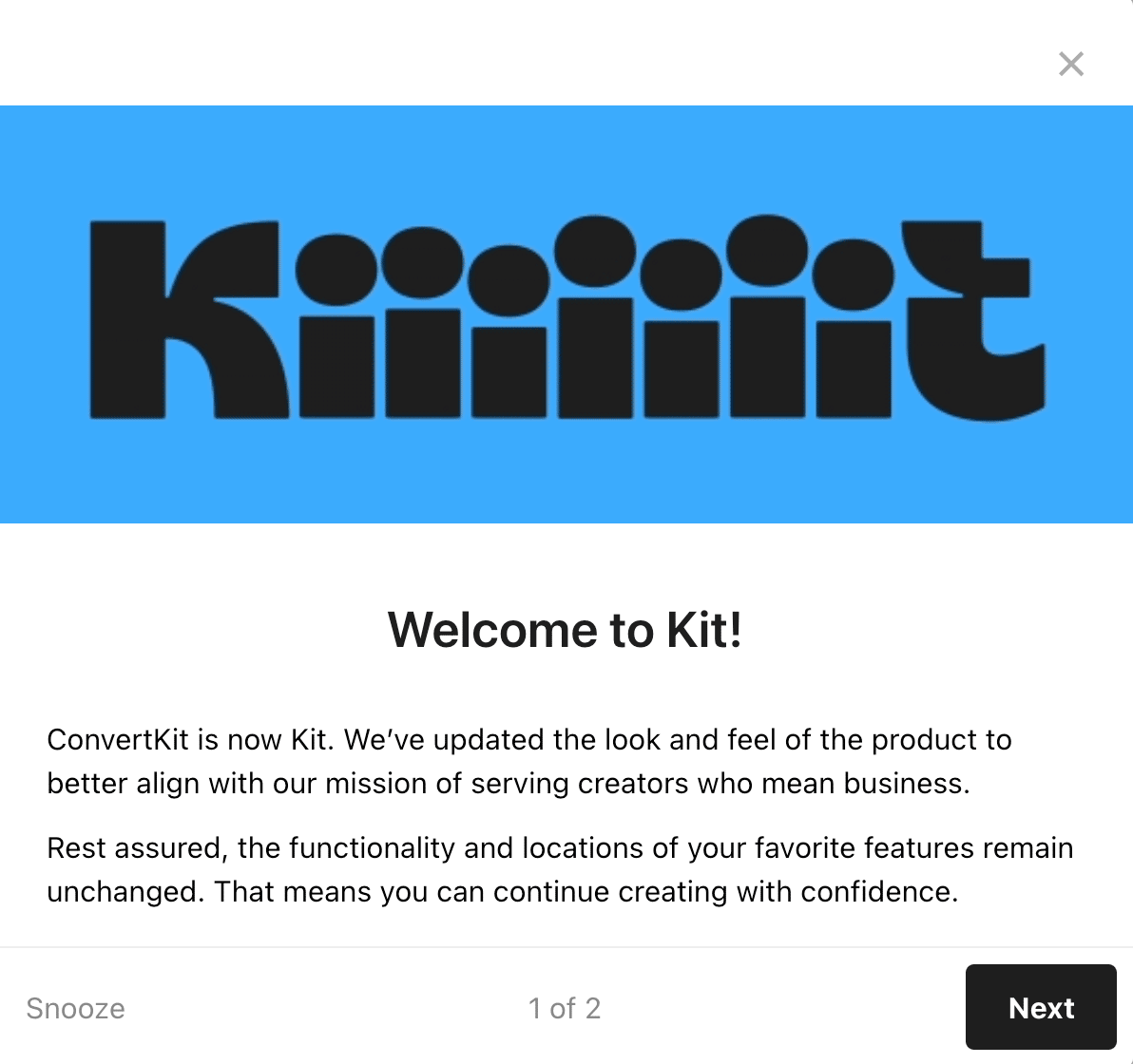 screenshot of the rebrand announcement in my Kit account