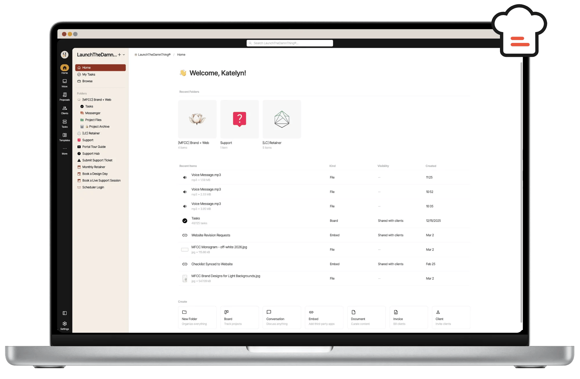 screenshot of the client portal's home dashboard page