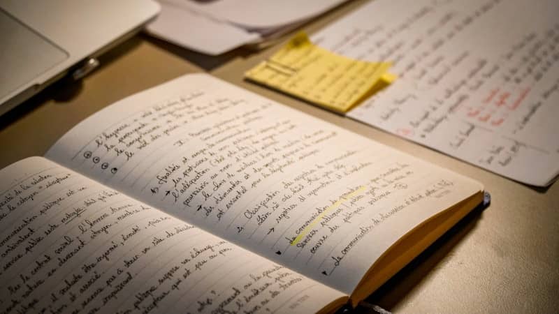 An open notebook filled with handwritten text.