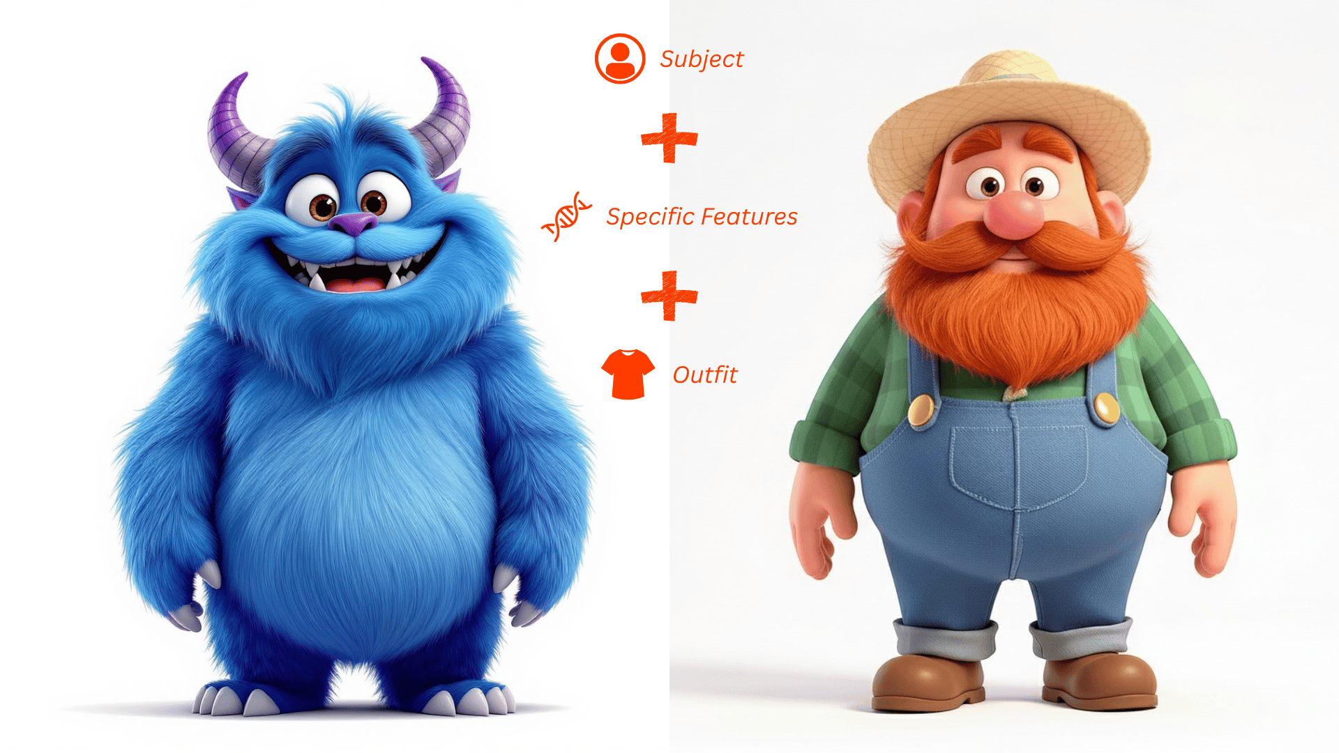 Visual breakdown of the AI cartoon character creation formula showing a blue furry monster and bearded farmer character with icons representing Subject + Specific Features + Outfit elements