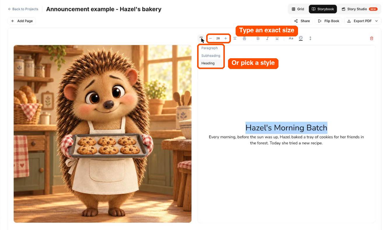 Step 2: the text size control and styles