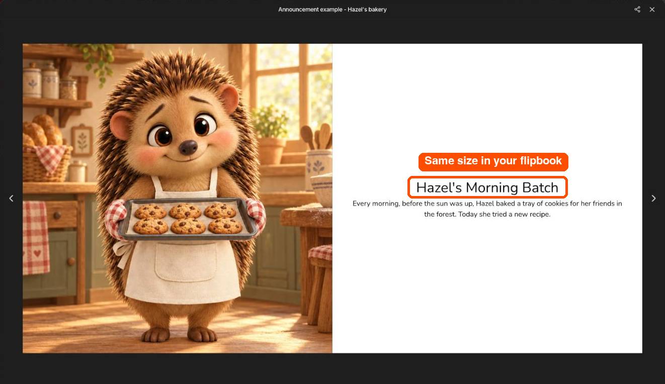A storybook page in Neolemon: a hedgehog holding cookies, with the story title shown at the same size in the flipbook