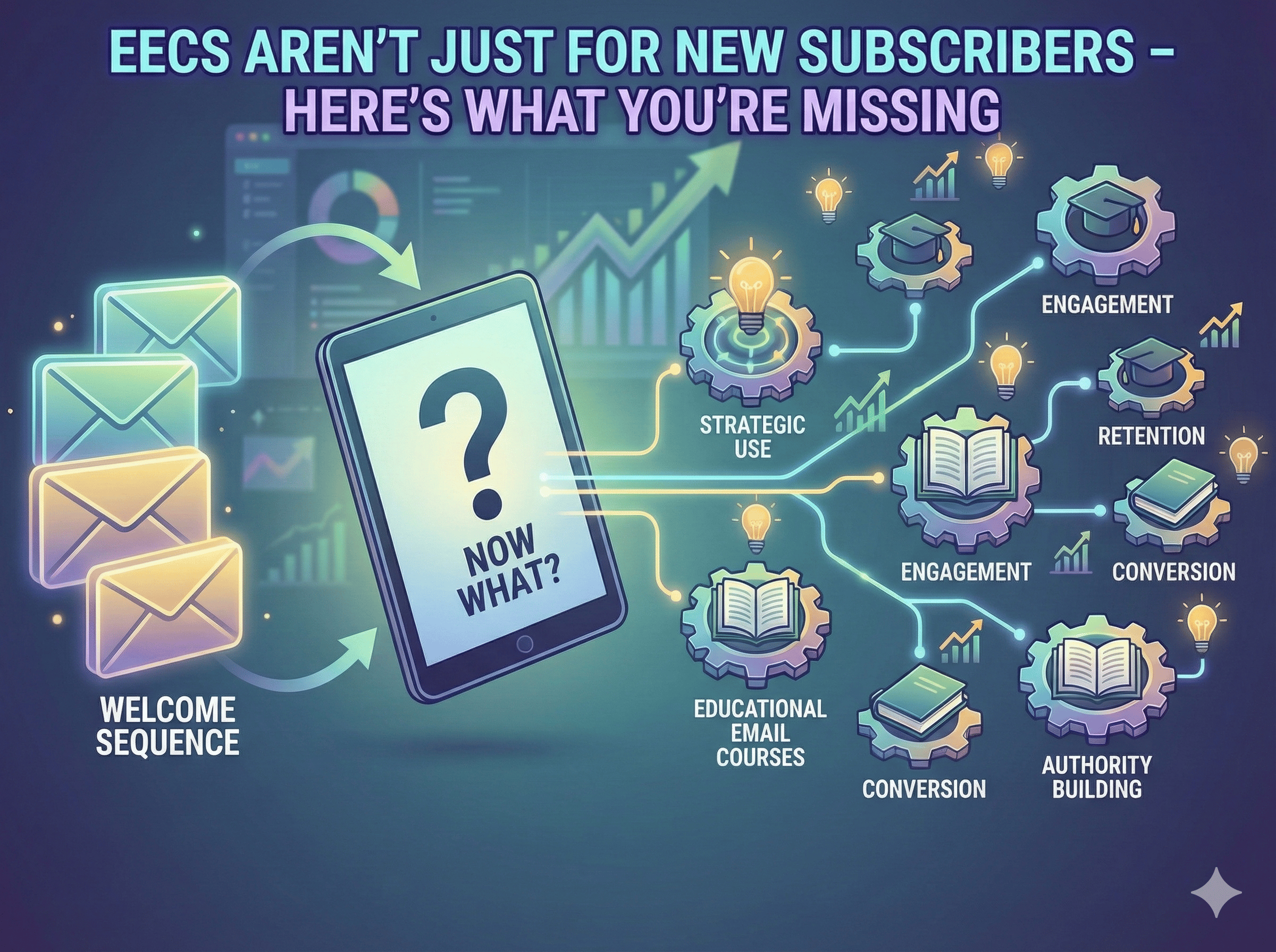 Graphic asking 'Now What?' after a welcome email sequence, highlighting missed opportunities like retention and conversion that Educational Email Courses can solve.  email marketing strategy diagram