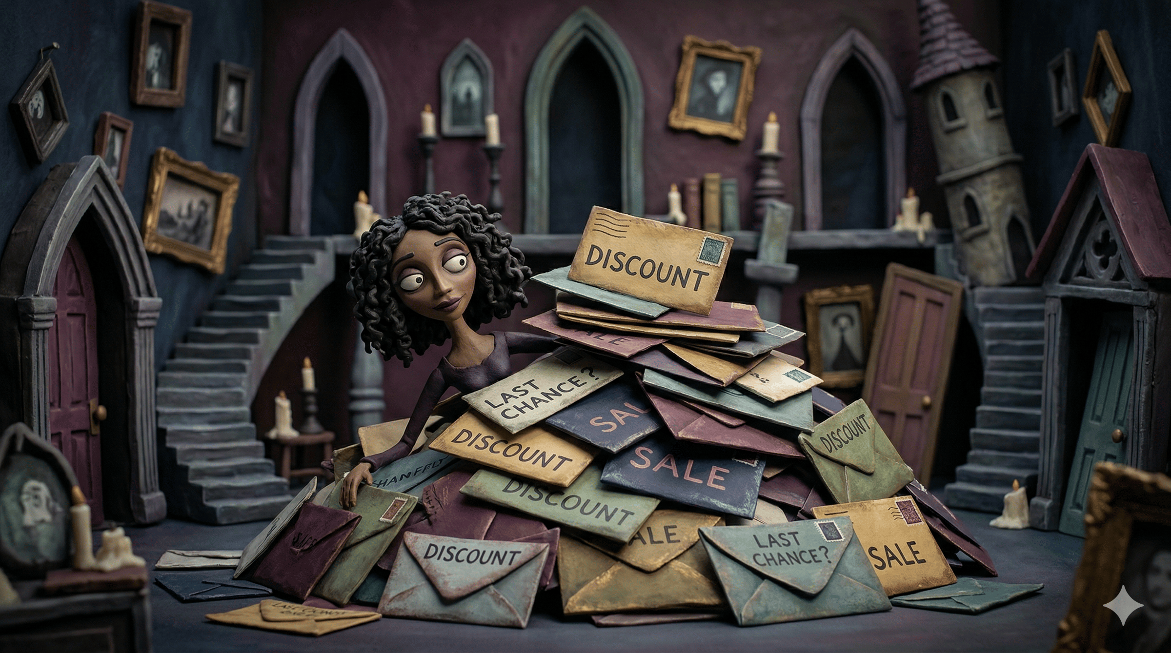 Woman peering around a pile of letters that say Discount, Sale, Last Chance