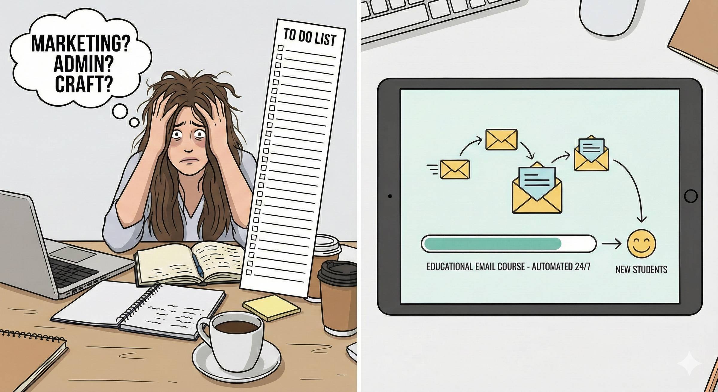 On the Right: A woman with long brown hair at a desk with laptop, 3 cups of coffee and a To Do list.  To the Left: A workflow of an Educational Email Course 