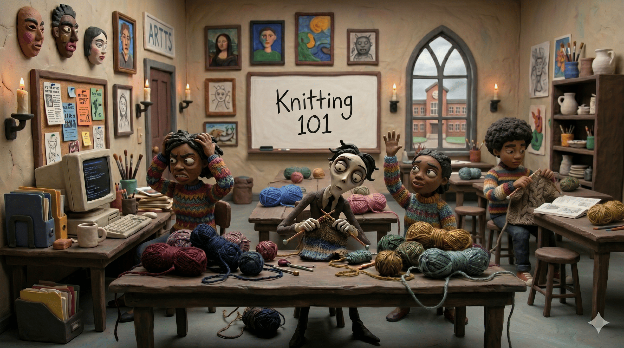 A Knitting 101 Class with the frustrated teacher in front of the computer
