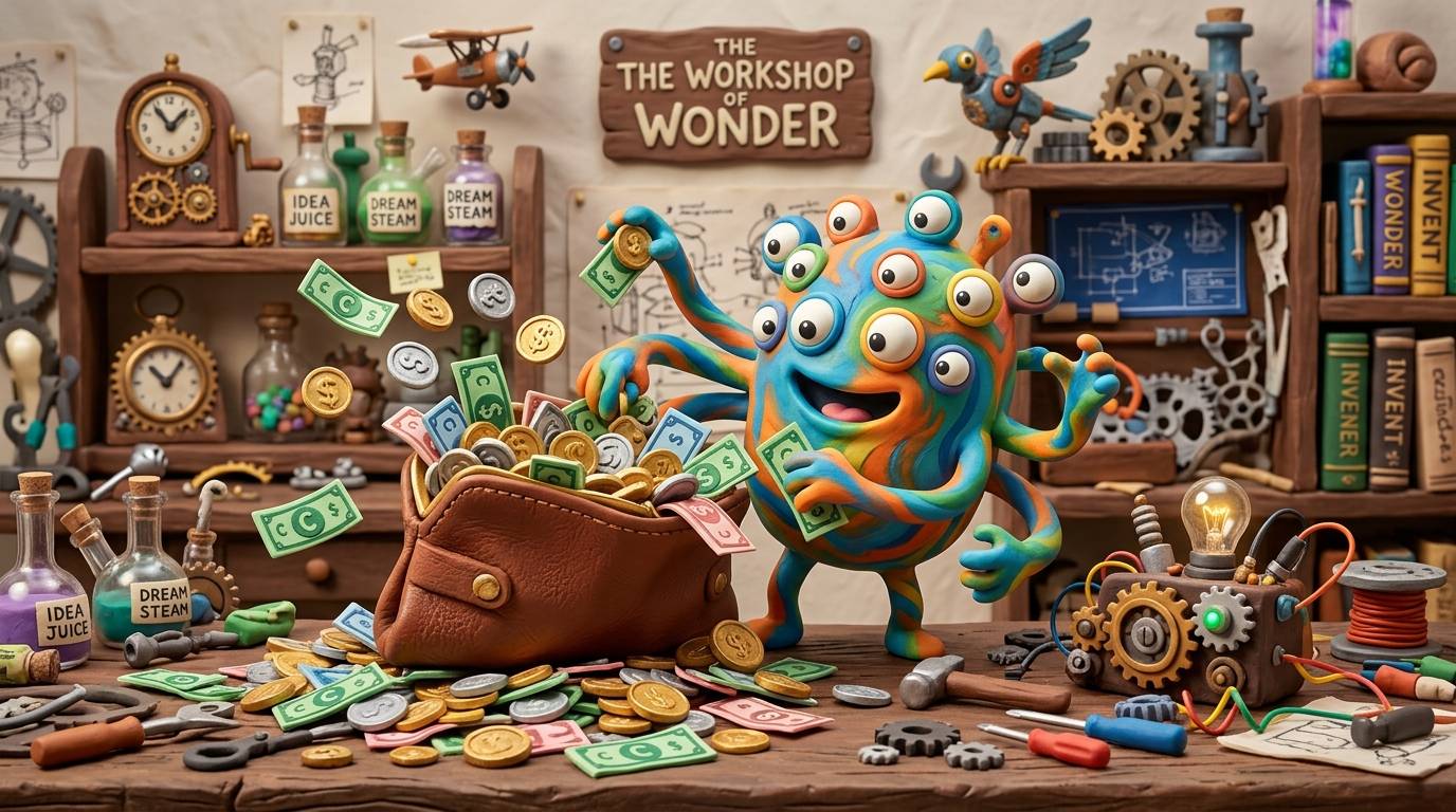 A whimsical claymation scene depicting a personified 'Curiosity' character—a colorful creature with many eyes and hands—frantically pulling coins and bills out of an overflowing wallet.