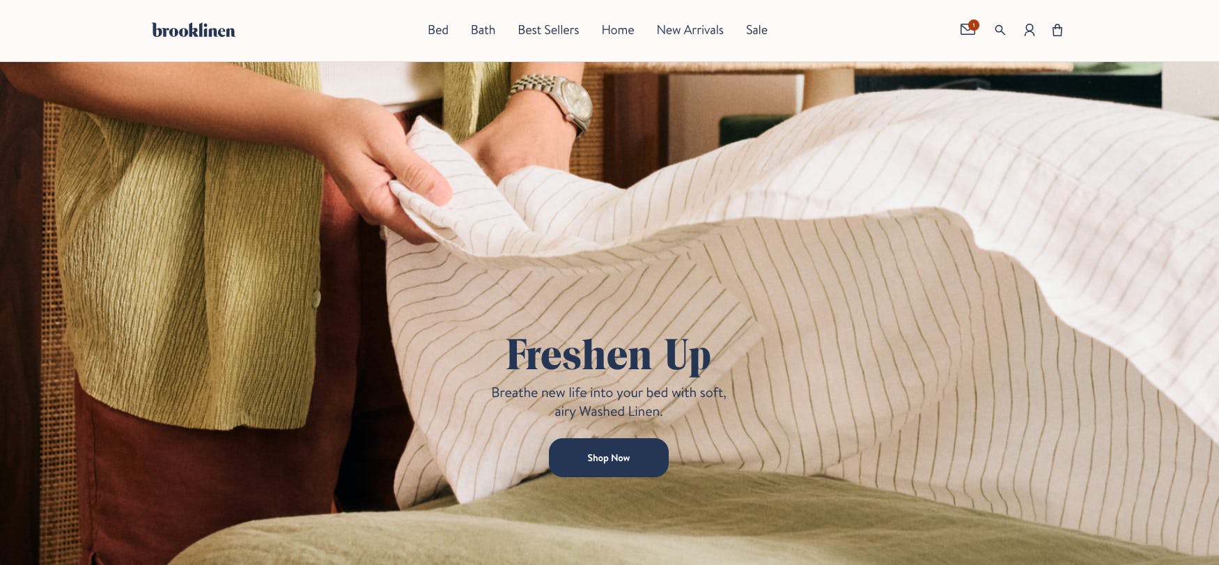 Screenshot of Brooklinen's homepage reading Freshen Up