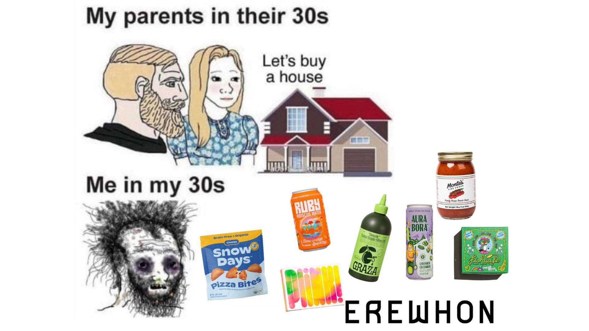 Meme about spending money on a house versus Erewhon