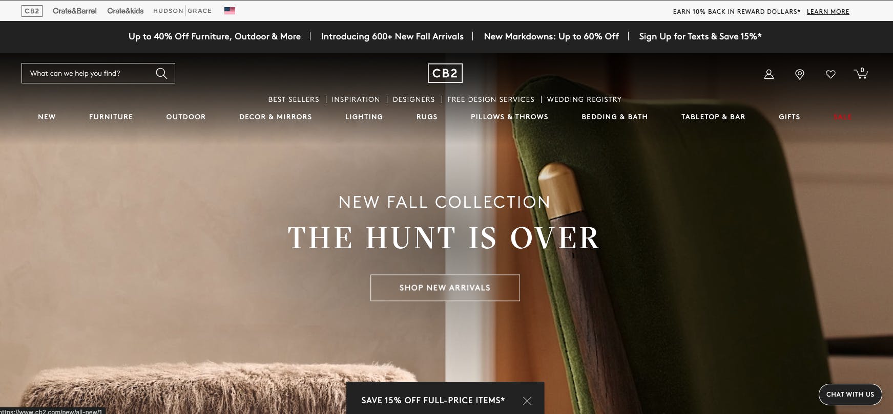 Screenshot of CB2's homepage reading The Hunt is Over