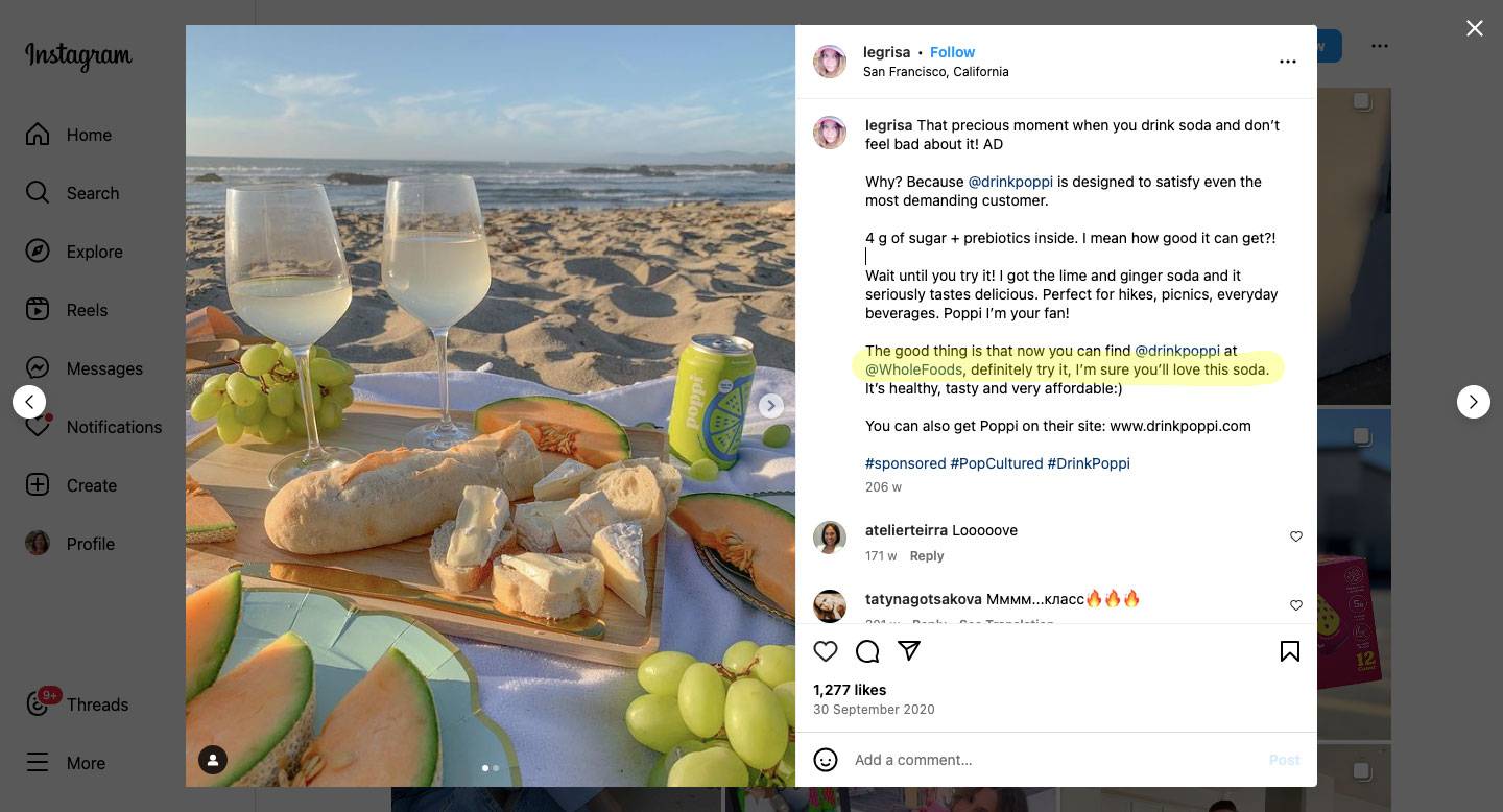 Instagram post of influencer marketing of Poppi soda