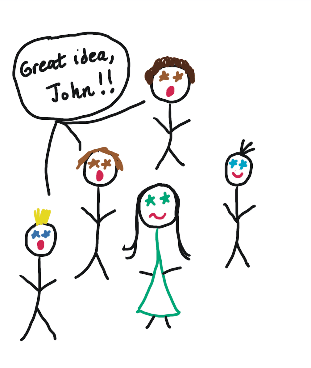 comic of men saying "great job, John" in unison and woman looking dismayed