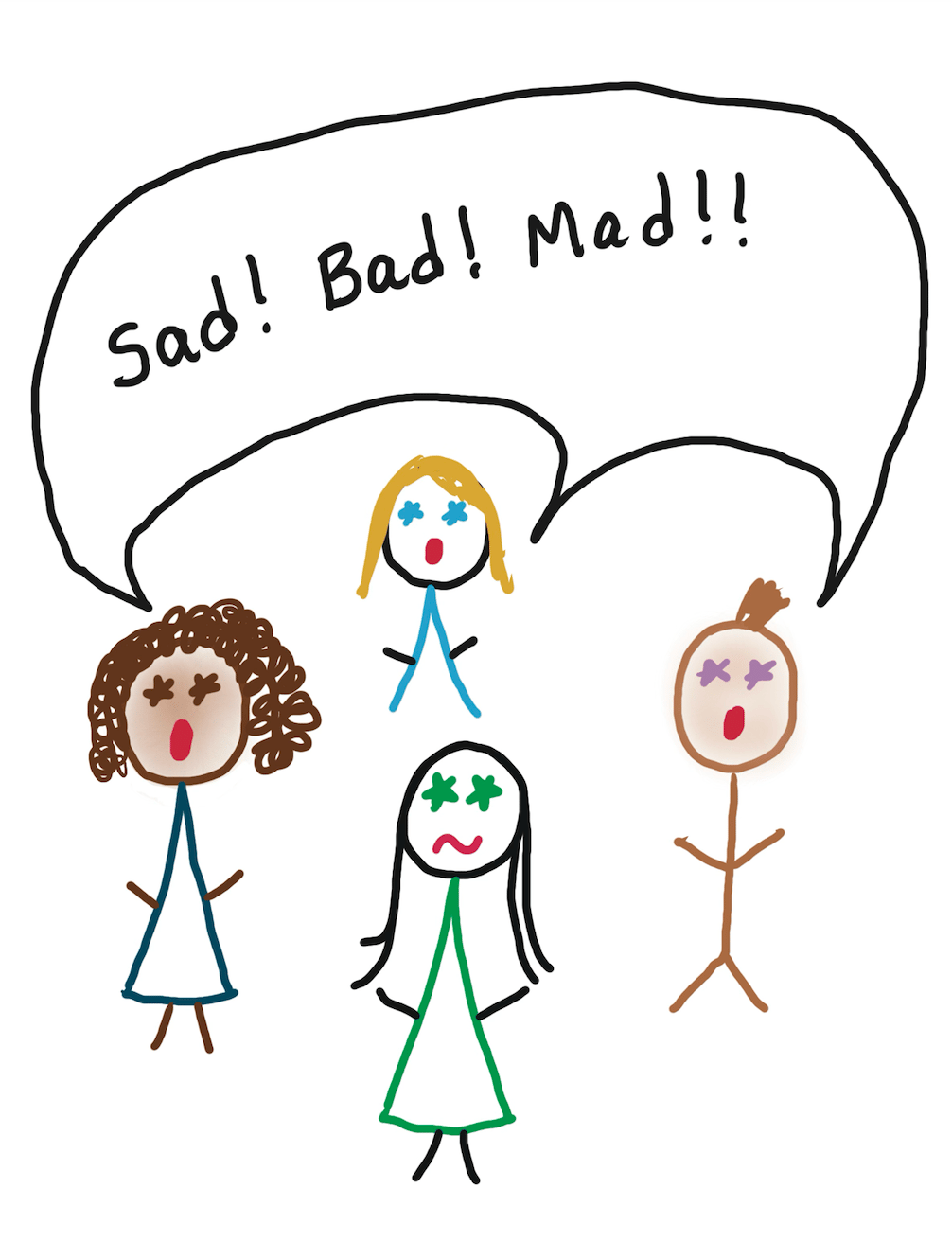 comic of 3 disgruntled employees yelling sad bad mad! and one discouraged looking woman in the middle managing them