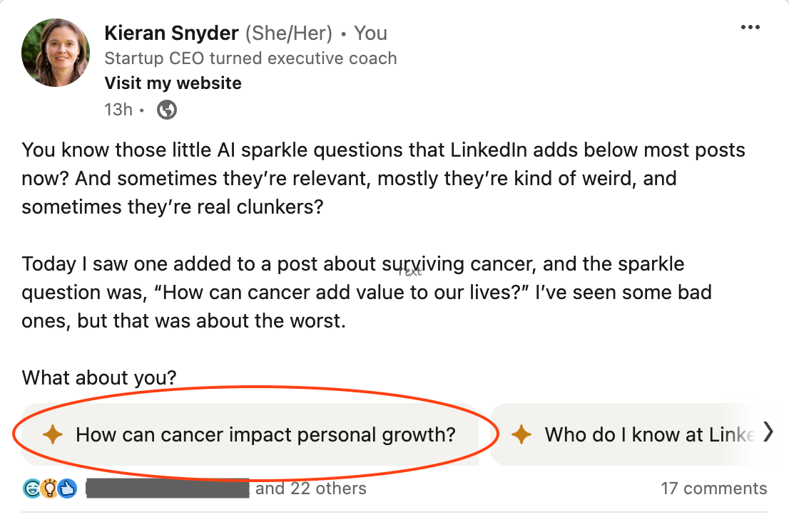 screen shot of a linkedin post about this topic, with the question "how can cancer impact personal growth" appended by LinkedIn AI