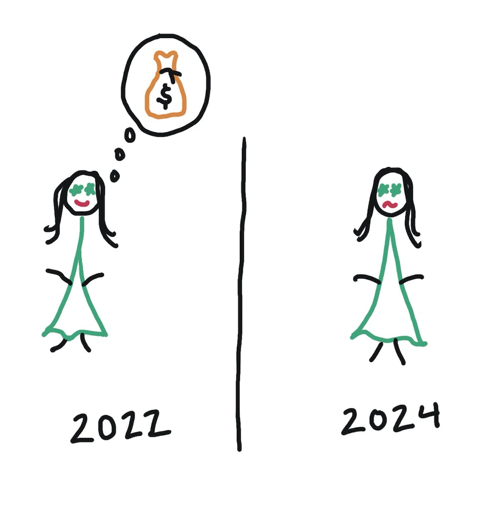 comic showing happy woman dreaming of moneybag in 20222, looking sad and disappointed in 2024