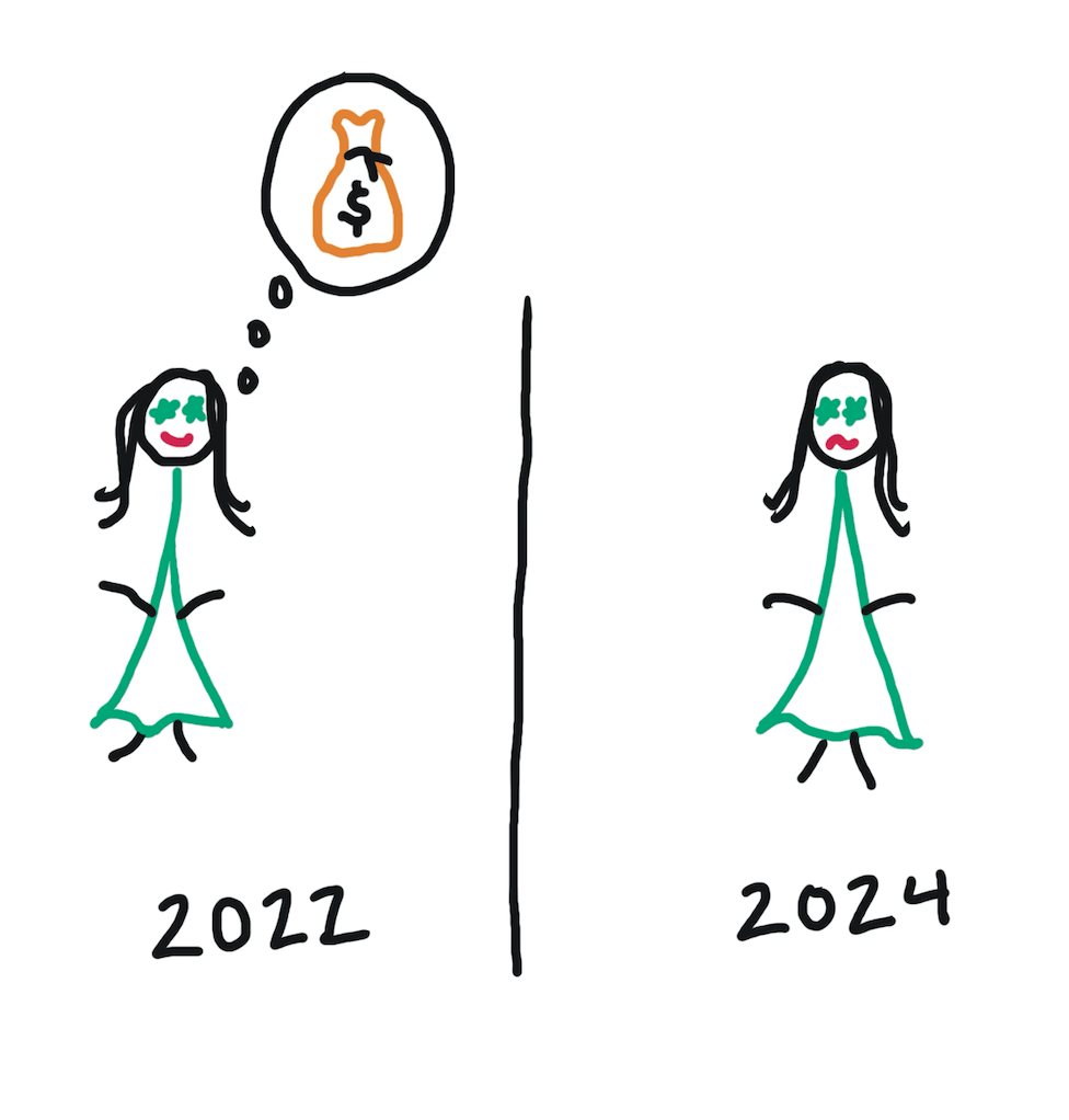 comic showing happy woman dreaming of moneybag in 20222, looking sad and disappointed in 2024