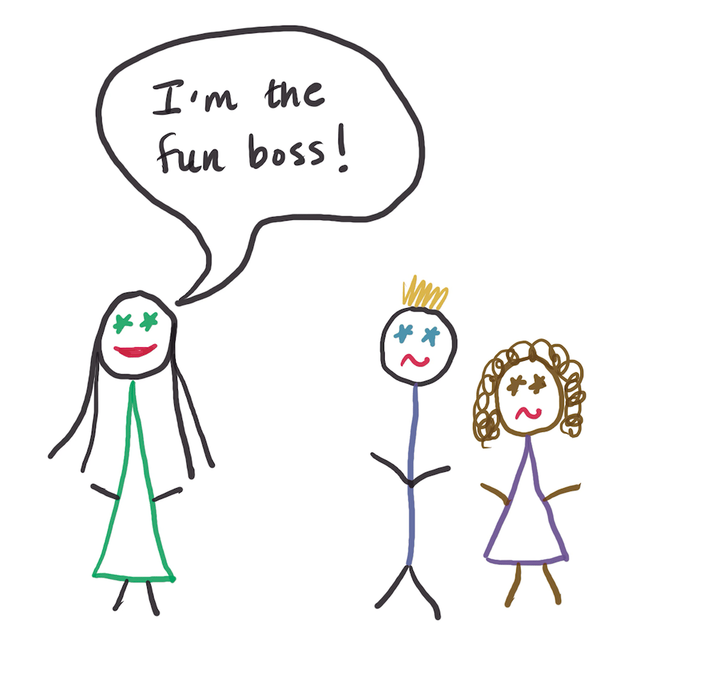 Comic of a woman exclaiming "I'm the fun boss" while two employees look on disgruntled