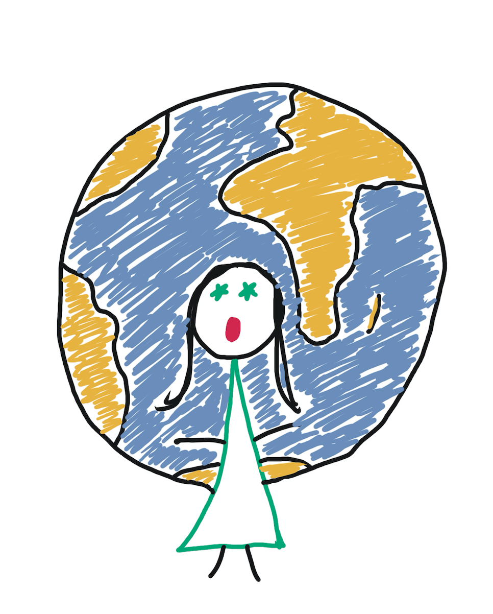comic of surprised woman standing in front of globe