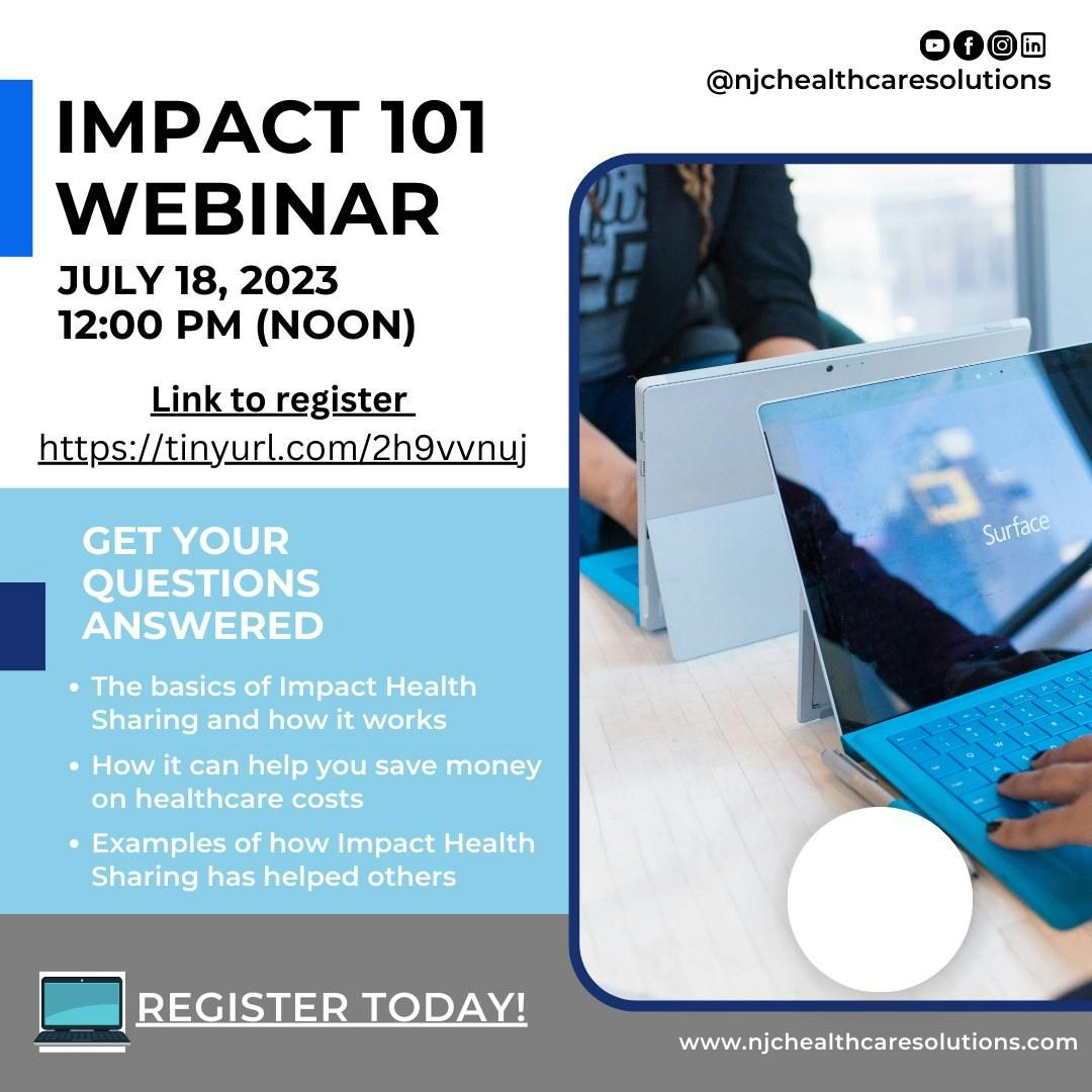 If you feel like you are not getting your money's worth with your insurance, 
join this webinar on Tuesday, July 18th at 12 pm (CST). 
https://tinyurl.com/2h9vvnuj

During this webinar, you will learn the following:
The basics of Impact Health Sharing & how it works
How it can help you save money on healthcare costs
Real-life examples of how Impact Health Sharing has helped others
REGISTER USING THIS LINK :) --> https://tinyurl.com/2h9vvnuj
*Please remember that the email address used for webinar registration must match the one associated with your Zoom login. If you need to edit your email, you can do so to ensure a seamless integration and hassle-free access to the session.