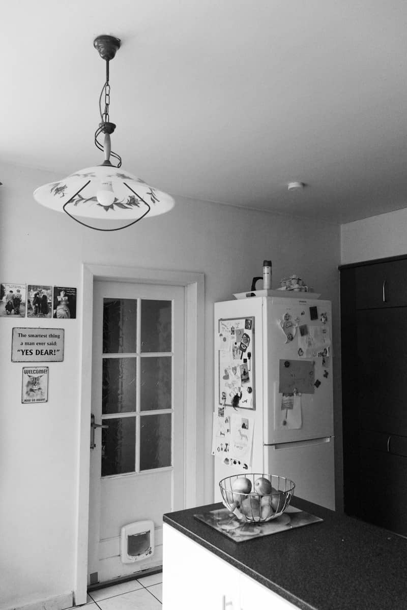 Black and white kitchen with a ceiling lamp and refrigerator