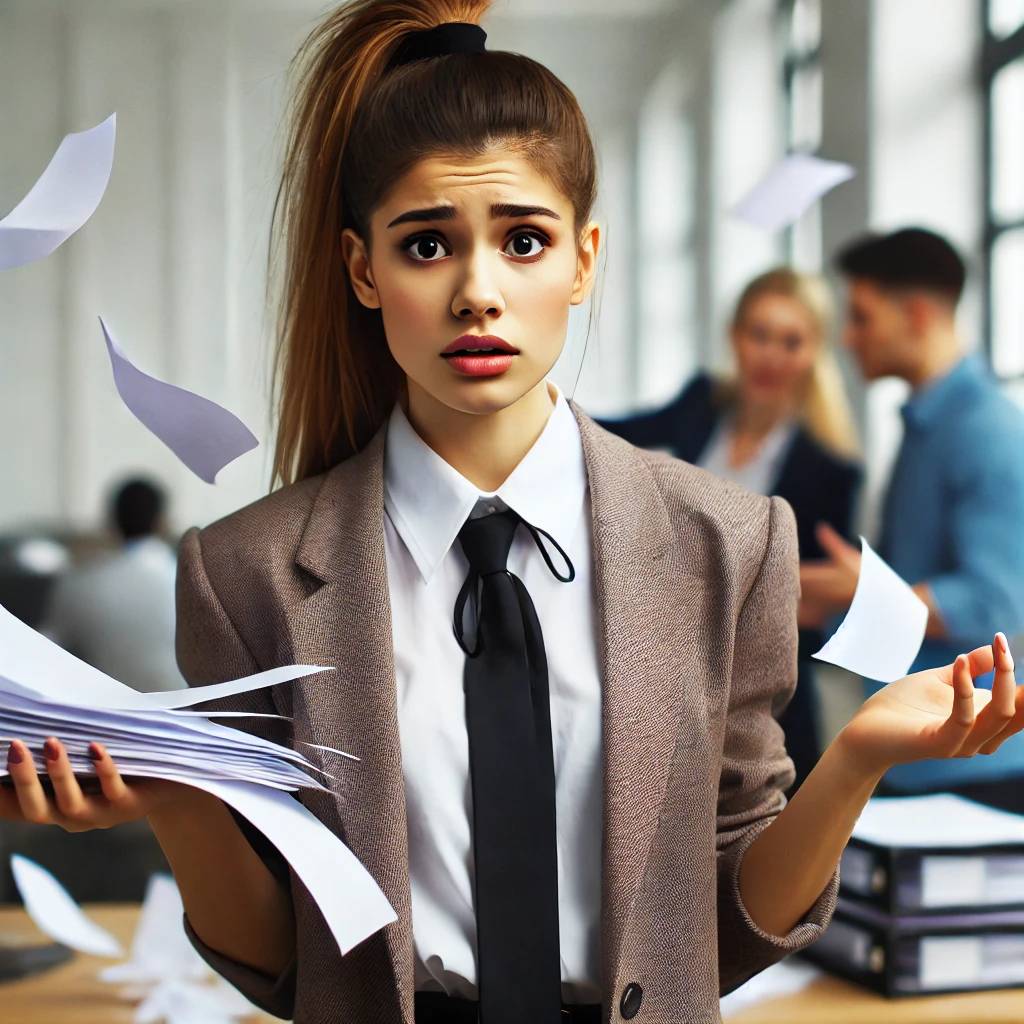 A young woman in a business suit looks stressed, holding a stack of documents while papers fly around her in an office setting. In the background, two colleagues are talking.