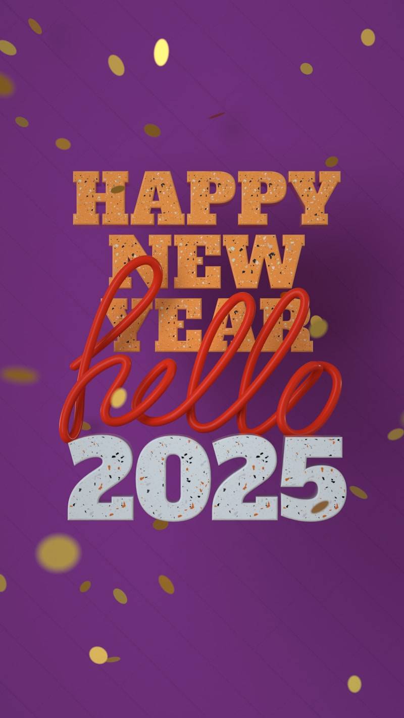 A purple background with gold confetti and the words happy new year bello