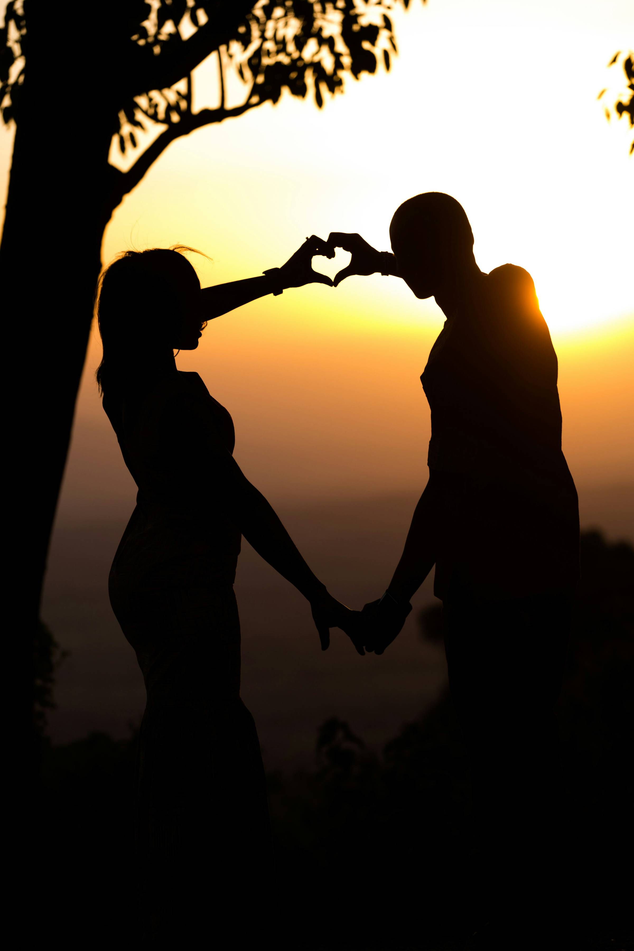 Silhouette of couple holding hands and making heart with other hand